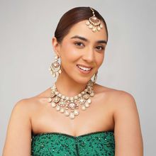 Beryachi Pink Inaya Kundan Polki Necklace with Earrings & Maangtikka