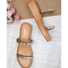 Toprico Two Strap Beads Embellished Tan Wedges
