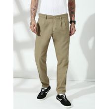 necked Khaki Relaxed Linen Cotton Pant
