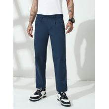 necked Airforce Blue Straight Fit Cotton Pant