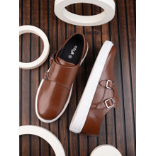 Styli Men Tan Double Strap Buckled Flat Sole Casual Monk Strap Shoes