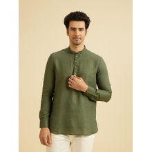 Manyavar Olive Green Linen Short Kurta for Men