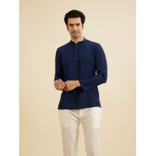 Manyavar Navy Blue Spandex Short Kurta for Men