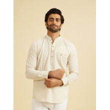 Manyavar Cream Linen Short Kurta for Men