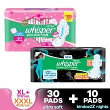 Whisper Ultra Nights XXXL Wings (10 Pcs) + Ultra Soft XL+ (30Pcs) Sanitary Pads Combo
