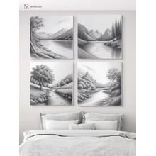 Nestroots Serene River and Tree Art Canvas Printed Wall Painting - Multi-Color Stretch (Pack of 4)