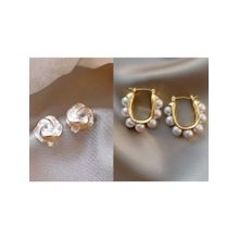 ISHKAARA Flower Pearl Studs And Mini Pearl Studs Earrings Combo Set