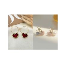ISHKAARA Red Heart Hoops And Sea Star Studs Earrings Combo Set