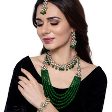 Anika's Creations Exclusive Gold Plated Green Long Haram Kundan Choker Earrings Maangtika Bracelet