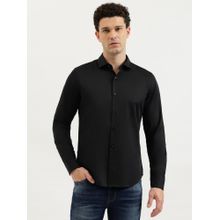 United Colors of Benetton Black Slim Fit Spread Collar Solid Giza Cotton Shirt