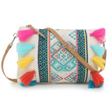 Anekaant Droopy Natural & Multi Greek Key Textured Polycotton Jacquard & Leatherette Sling Bag