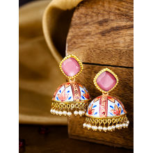 Infuzze Blue & Peach Coloured Gold Plated & Hand Painted Dome Shaped Beaded Jhumkas