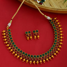 SHOSHAA Gold-Plated Green-Red Stones Handcrafted Necklace And Earrings