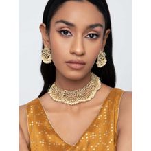 Indya Gold White Jaal Beaded Earring and Necklace (Set of 2)