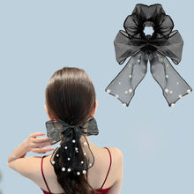 Majestique Pearl Bow Scrunchies Net Ponytail Holder, Stretchable Rubber Band Hair Accessories -1 Pc