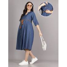 Mamma's Maternity Dark Blue V Neck Denim Solid Maternity Short Dress