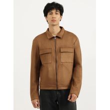 United Colors of Benetton Brown Regular Fit Spread Collar Solid Trucker Jacket