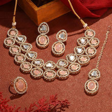 Zaveri Pearls Peach Layered Stones AD Necklace Earring Maang Tikka Ring Set - ZPFK16489