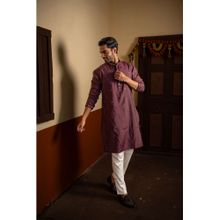 SHASAK Men Wine Cotton Thread Work Regular Fit Kurta