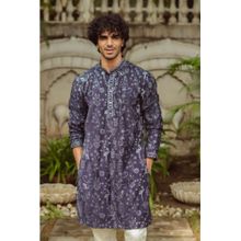 SHASAK Men Navy Blue Cotton Thread Work Regular Fit Kurta