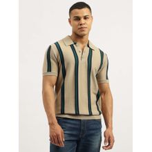 United Colors of Benetton Men Stripes Tan Collar Neck Polo T-Shirt