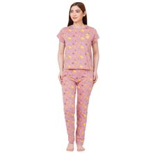 Sweet Dreams Women Printed Round Neck Short Sleeve Mauve Pink Cotton Jersey Pyjama Set