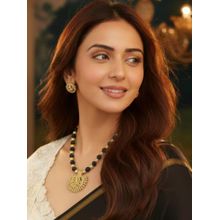 Accessher Women Gold-Plated Black Beads Mahalakshmi Temple Necklace Set