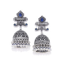 Infuzze Navy Oxidised Silver-Plated Stone-Studded Handcrafted Dome Shaped Jhumkas