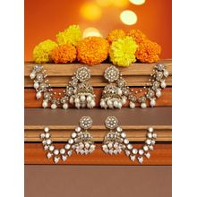 Zaveri Pearls Pair of 2 Gold Tone Stones Beads Ear Chain Jhumka Earrings-ZPFK22073