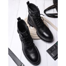 EZOK Men Black Texture Pattern Lace Up Leather Boots