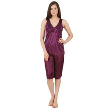 Fasense Women Satin Nightwear Nightsuits Top And Capry Set SR018 A - Purple