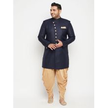 Vastramay Plus Men Navy Blue Silk Blend Sherwani (Set of 2)
