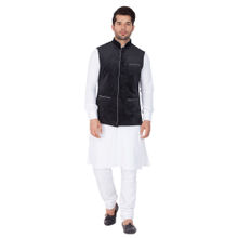 VASTRAMAY White Cotton Kurta With Ethnic Jacket And Churidar (Set of 3)