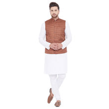 Vastramay Men Coffee Brown And White Cotton Blend Jacket, Kurta And Pyjama (set Of 3)