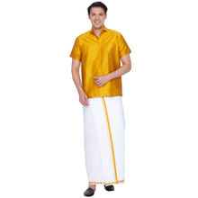Vastramay Men Mustard Yellow And White Cotton Silk Shirt And Mundu (set Of 2)