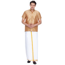 Vastramay Men Rose Gold And White Cotton Silk Shirt And Mundu (set Of 2)