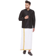 Vastramay Men Black And White Cotton Silk Shirt And Mundu (set Of 2)