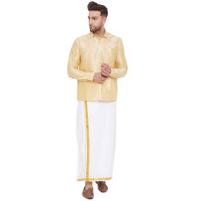 Vastramay Men Gold And White Cotton Silk Shirt And Mundu (set Of 2)