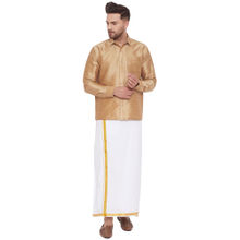 Vastramay Men Rose Gold And White Cotton Silk Shirt And Mundu (set Of 2)