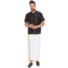 Vastramay Men Black And White Cotton Silk Shirt And Mundu (set Of 2)