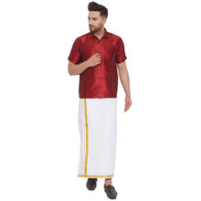 Vastramay Men Maroon And White Cotton Silk Shirt And Mundu (set Of 2)