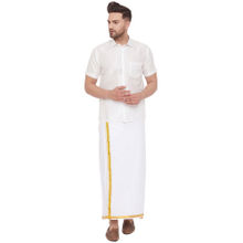 Vastramay Men White Cotton Silk Shirt And Mundu (set Of 2)
