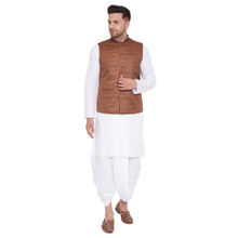 Vastramay Men's Coffee And White Cotton Blend Jacket, Kurta And Dhoti - (set Of 3)