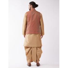 Vastramay Mens Rose Gold & Maroon Silk Blend Jacket, Kurta with Dhoti (Set of 3)