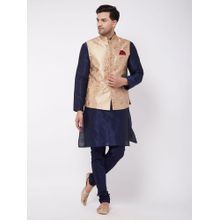 Vastramay Men's Rose Gold And Navy Blue Silk Blend Jacket, Kurta And Pyjama Set (Set of 3)