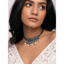 Indya Oxidized Green Stone White Pearls Choker Necklace Earrings Set (Set of 2)