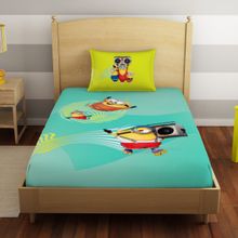 SPACES Universal Waves Quince Minions 100% Cotton-Light Green Bedsheet with Pillow Cover