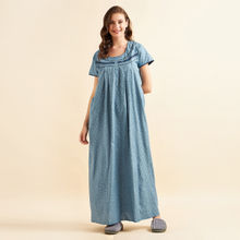 Sweet Dreams Women Cotton Printed Night Gown - Blue