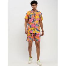 SHOWOFF Mens Short Sleeves Printed Mustard Cuban Collar Co-Ord (Set of 2)