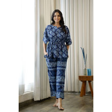 SAY Navy Blue Color Printed Women Pure Cotton Top & Pyjama Night Suit (Set of 2)